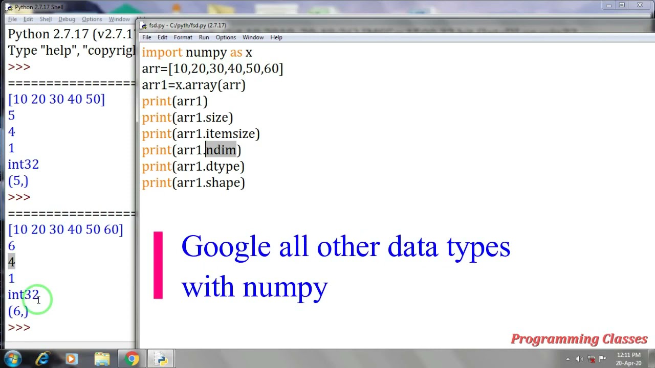 what are numpy properties   dtype in numpy   shape in numpy   size in numpy   itemsize   numpy