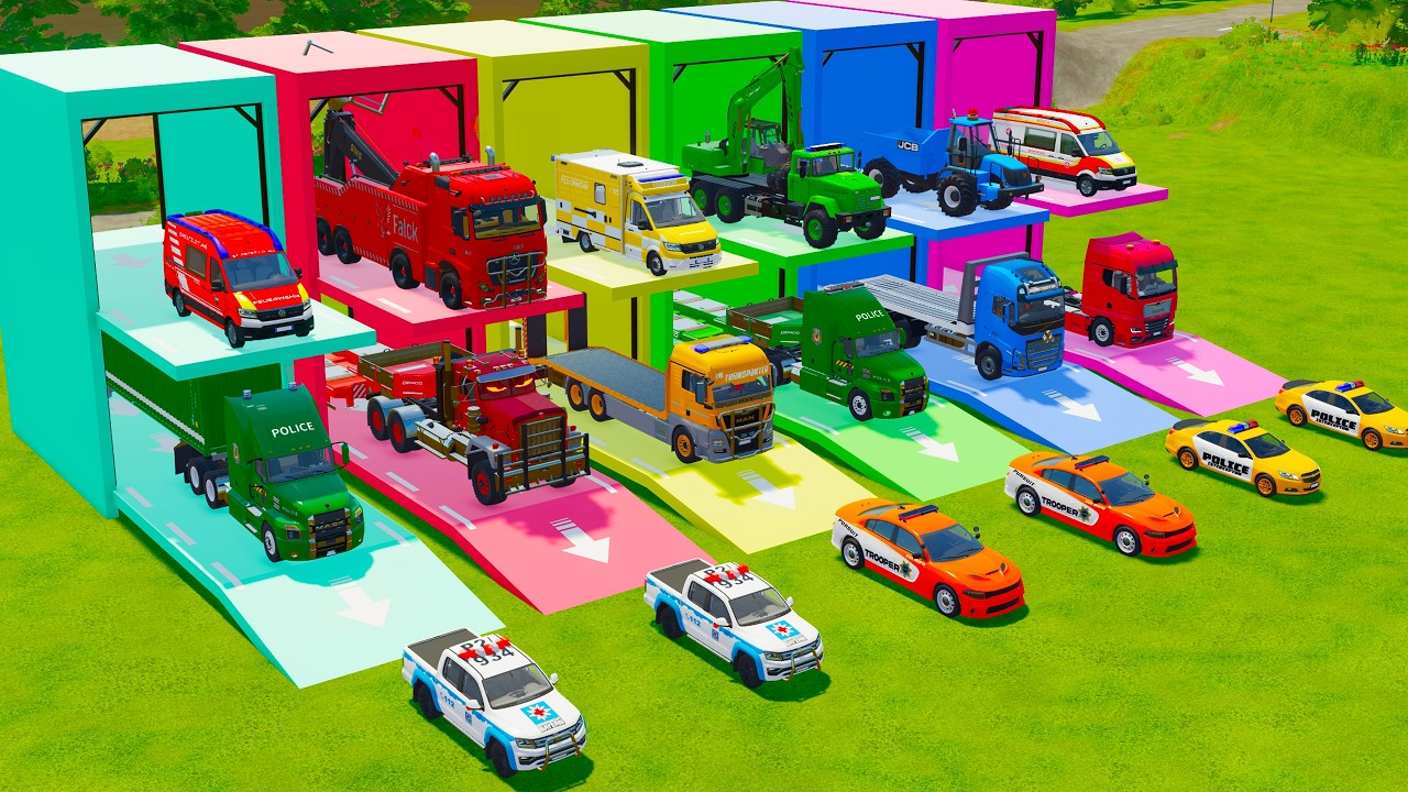 ALL POLICE CARS, EMERGENCY VEHICLES, RESCUE TRUK AND DUMP TRUCK TRANSPORT TO GARAGE - FS22
