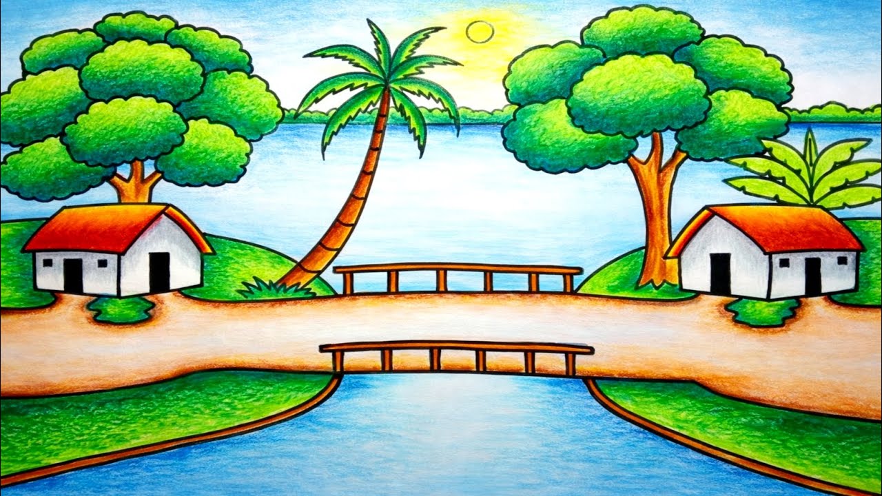Beautiful Village Scenery Drawing | Easy Landscape Drawing with Color Pencil | Step by Step
