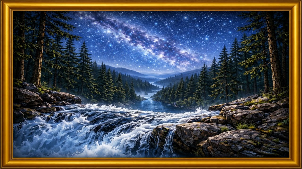 (4K) Starlight Woods Waterfall Painting | Gold Frame TV Art | TV Screensaver | 1 Hour
