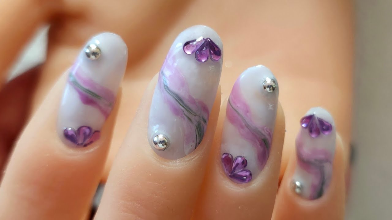 Lilac Marble Nails with Crystal Hearts 💜 | Elegant Purple Nail Design