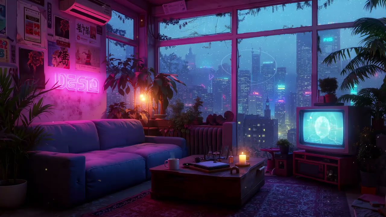 Night Balcony Lofi Hip Hop Radio ☕ | Neon Rain City Ambience ☔️ Lofi Chill for Focus, Study & Unwind
