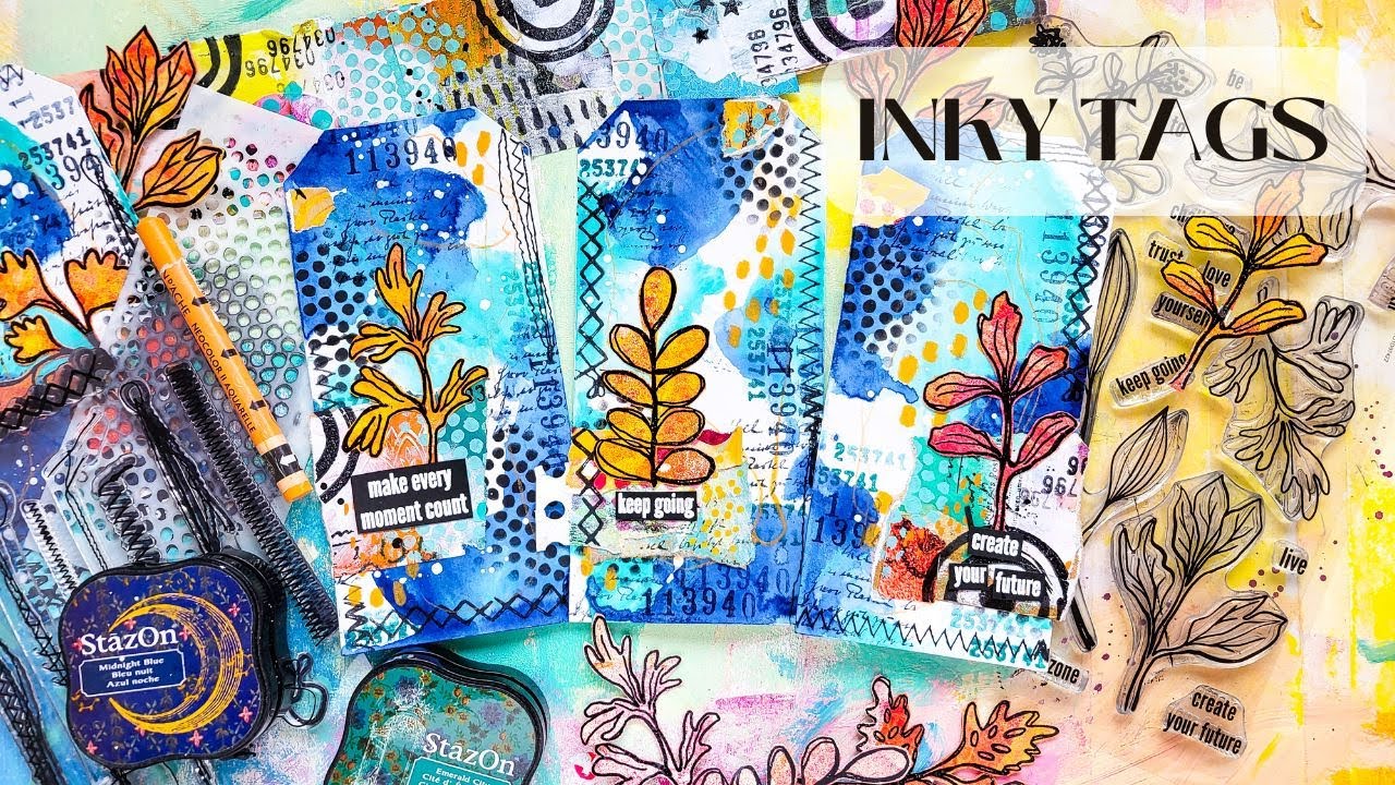 Mixed Media Tags with inky Background and Collage Fodder
