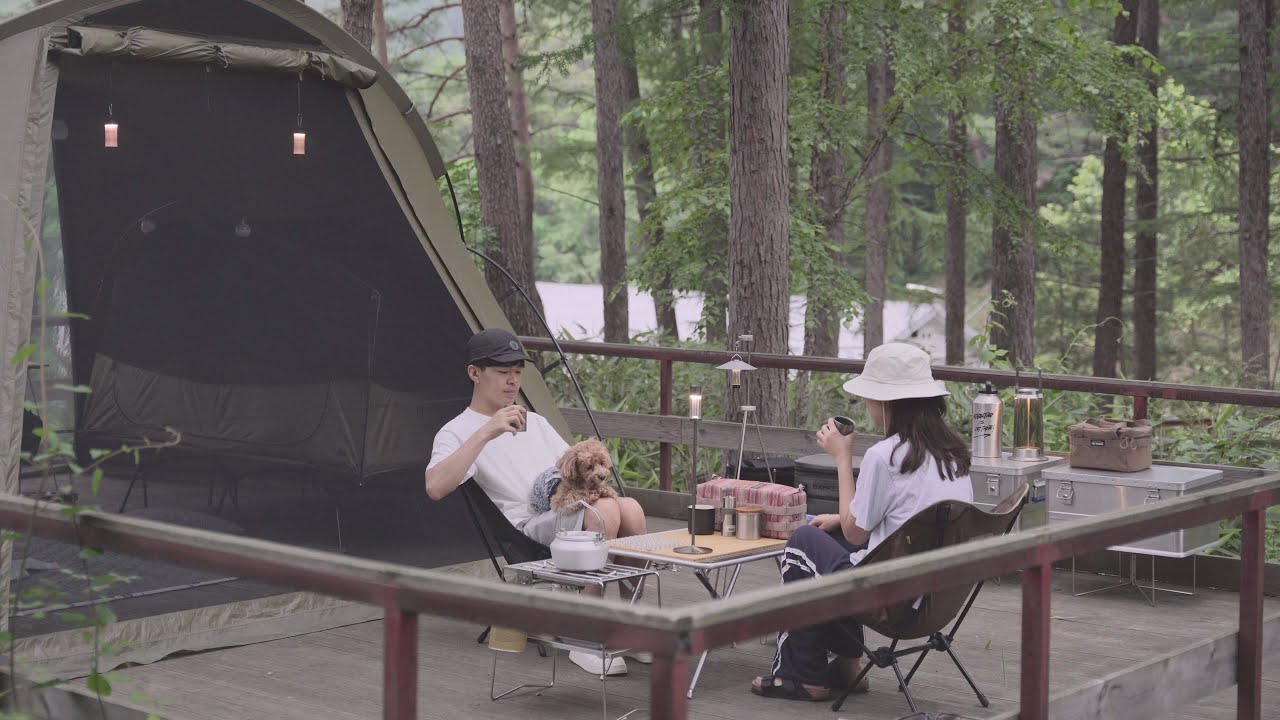 더위를 피해 찾아간 강원도 숲 속에서 반려견과 함께하는 시원한 힐링캠핑│Helinox Cot-tent, V-tarp