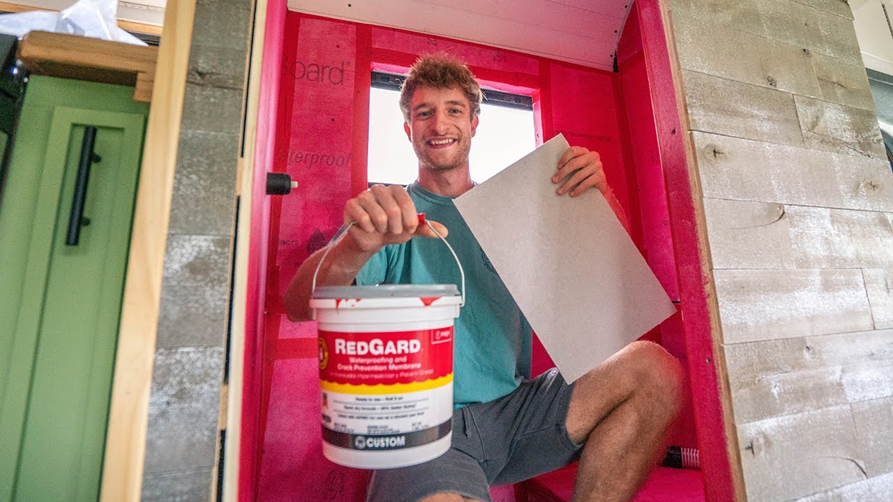 Waterproofing My Bathroom in School Bus Tiny Home - Skoolie Build Ep. 53