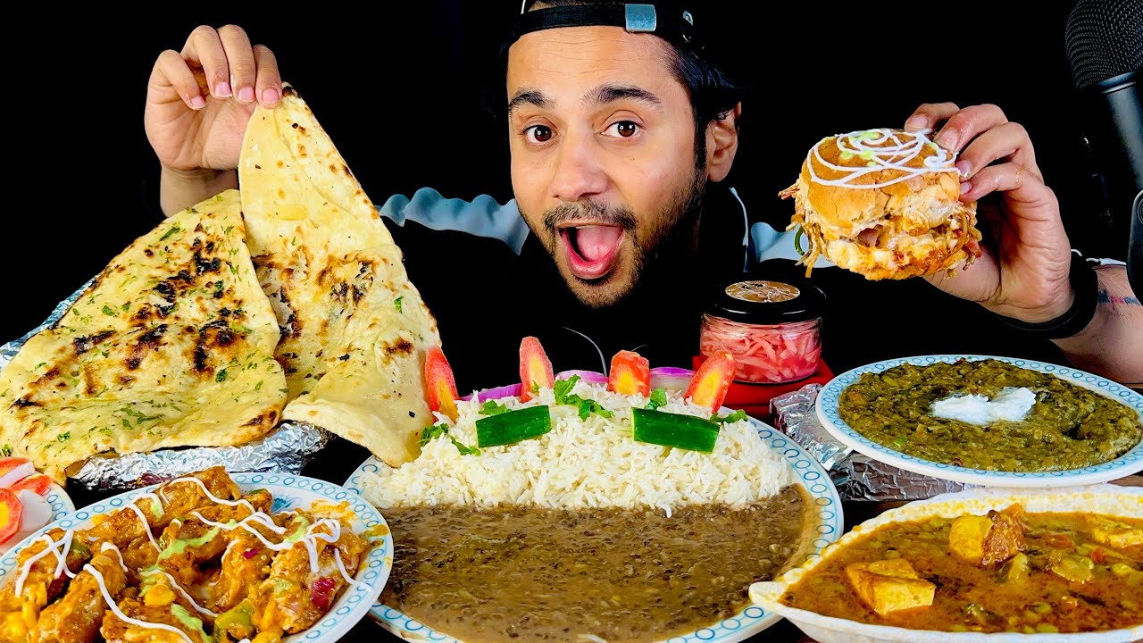 Eating Matar Paneer, Dal Tadka, Saag, Tandoori Momo, Burger With Butter Naan & Rice | Mukbang 