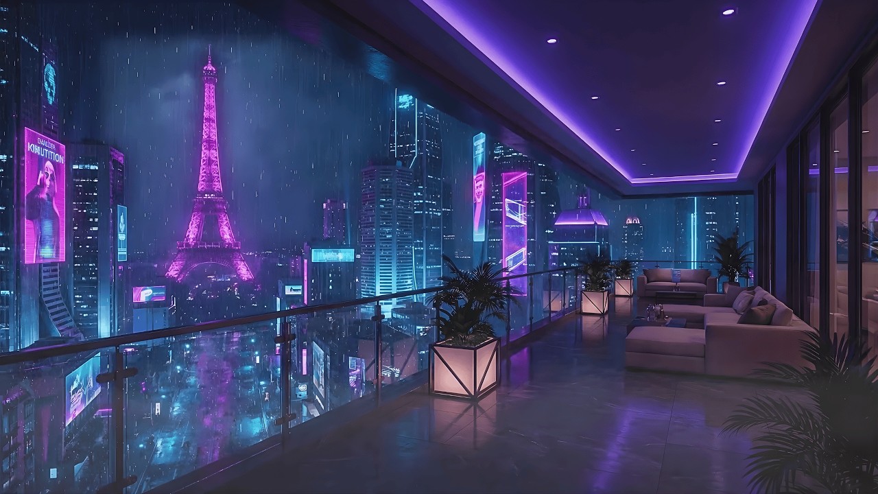 Lofi Rainy Nights 🌧️ – Futuristic Cyberpunk Paris Rain Balcony Vibes place for Relax | 4K