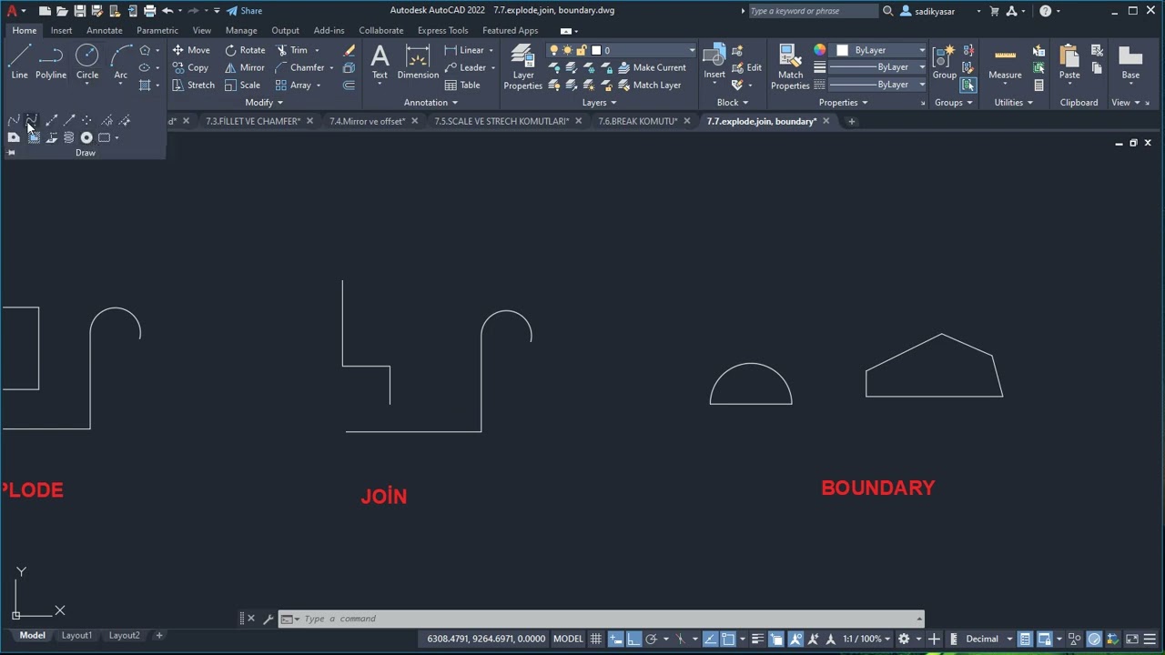 AutoCAD explode,join, boundary Komutları -7.bölüm-7.ders