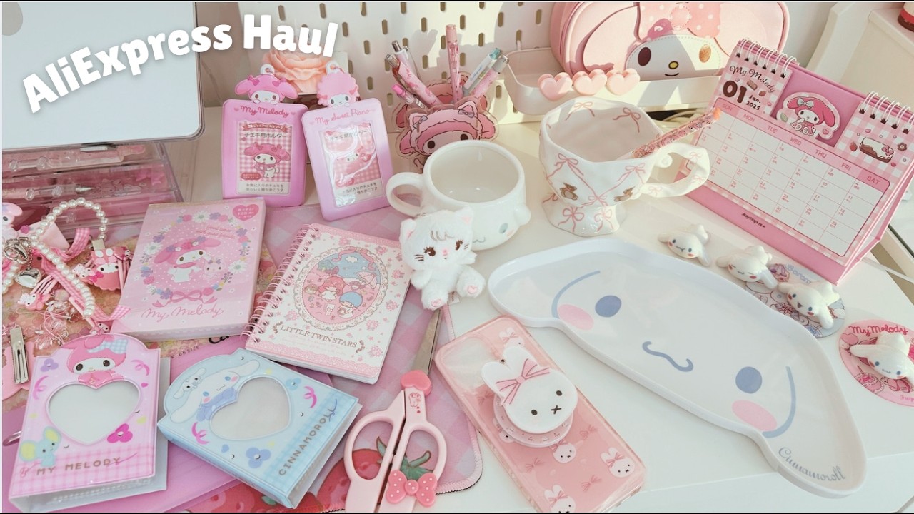 Huge Sanrio Aliexpress Haul, My melody, Cinnamoroll, Miffy, Keyboard unboxing Stationery ASMR