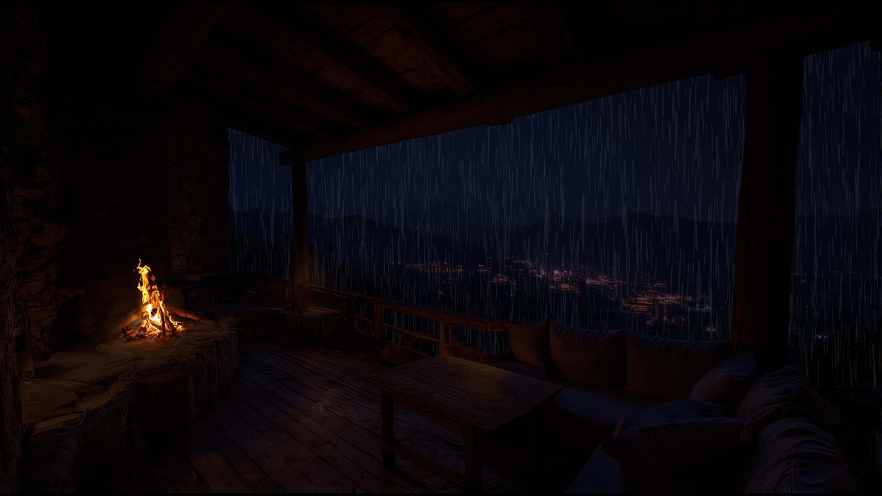 Soft Rainy Mountain Night by the Fire 🌧 Cozy Porch Overlooking the Valley for Sleep