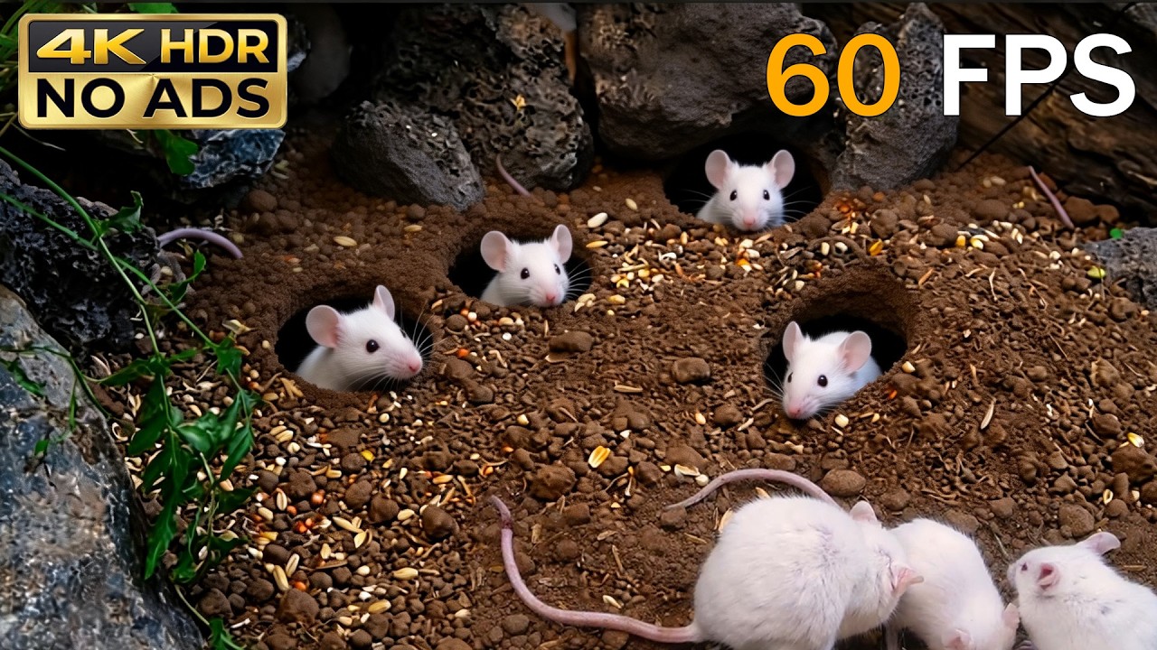 [NO ADS, NO AI] CAT TV 😺 White Mouse Colony Feast: Coconut Shell Buffet in the Garden 🐭 4K HDR