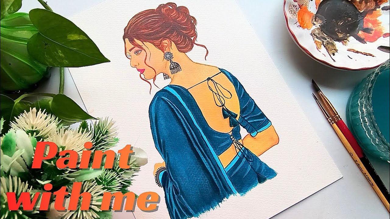 ✨How to draw Beautiful Indian woman potrait ♥️| Backside women painting🖌️ | Saree Elegance 💖|