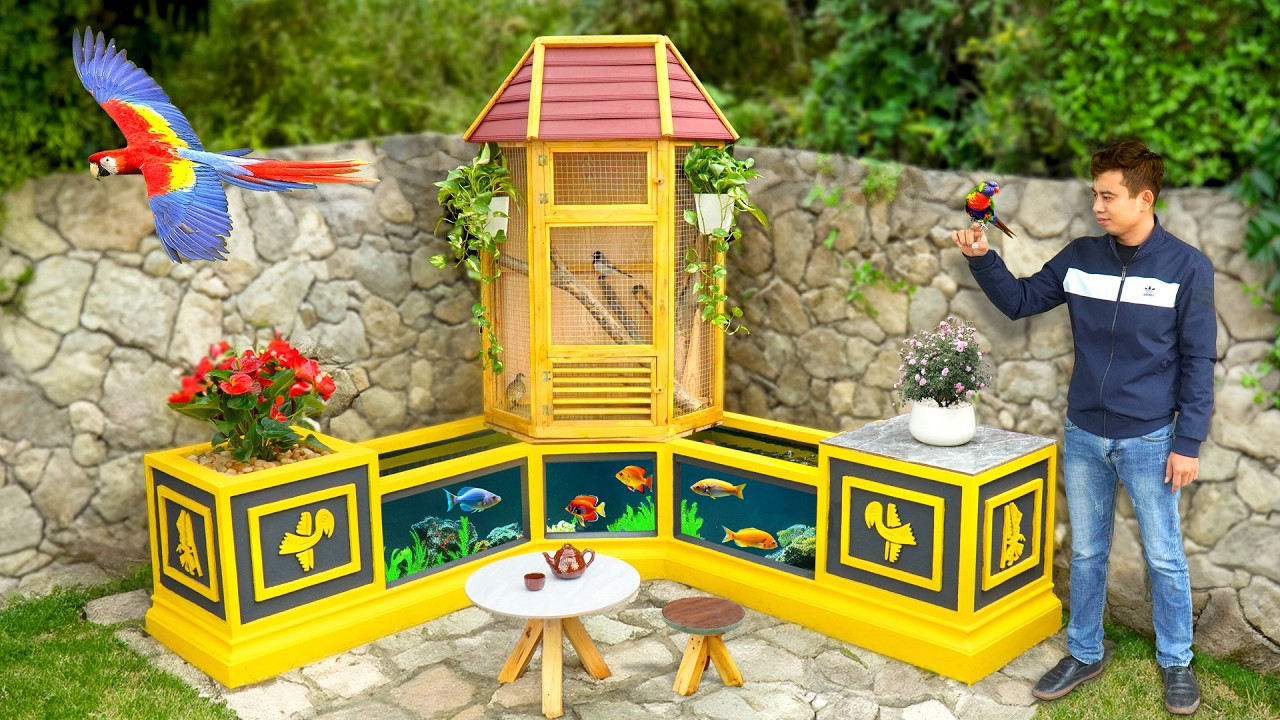 Save space with amazing aquarium and bird cage combo