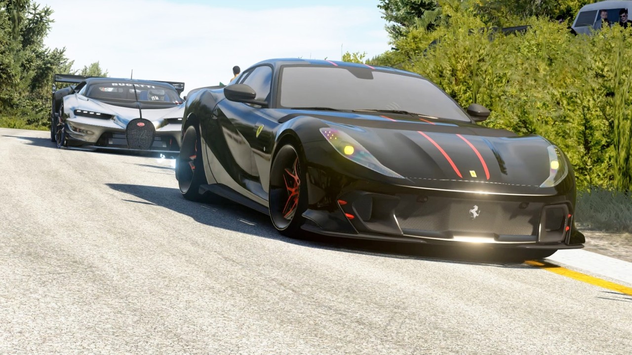 Ferrari 812 Competizione vs Hypercars Bugatti Vision GT, Chiron vs Kawasaki Ninja H2R SC at Old SPA