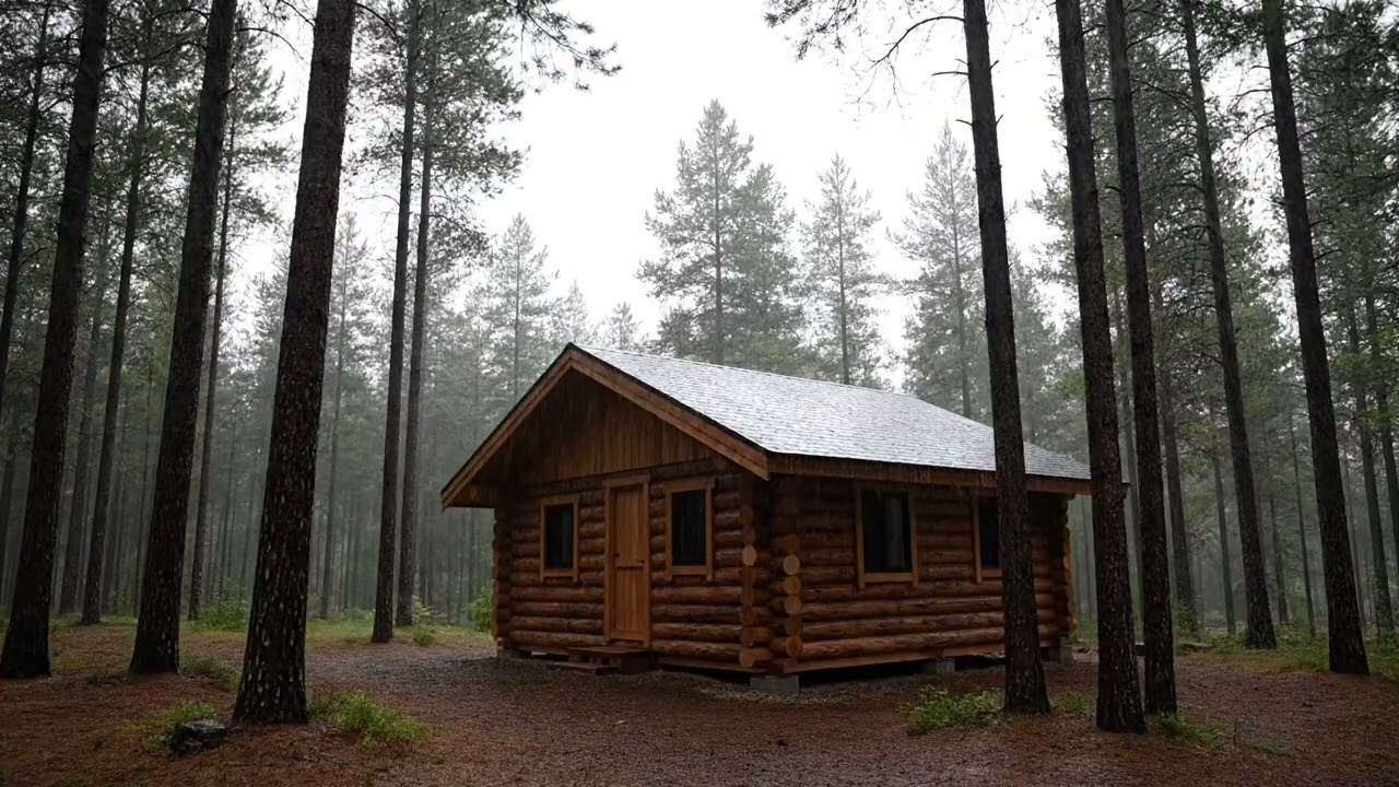 Gentle Morning Rain Over a Wooden Forest Cabin Surrounded by Tall Pines