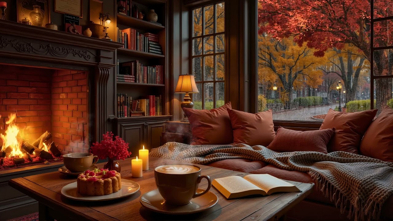 Уютное кафе Rain Café у леса 🍂 Расслабляющая джазовая музыка, фортепиано и камин