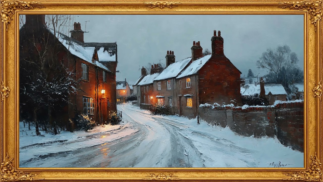 4K Snowy Village Oil Painting for Samsung Frame TV | Cozy Winter Night Silent Art Display