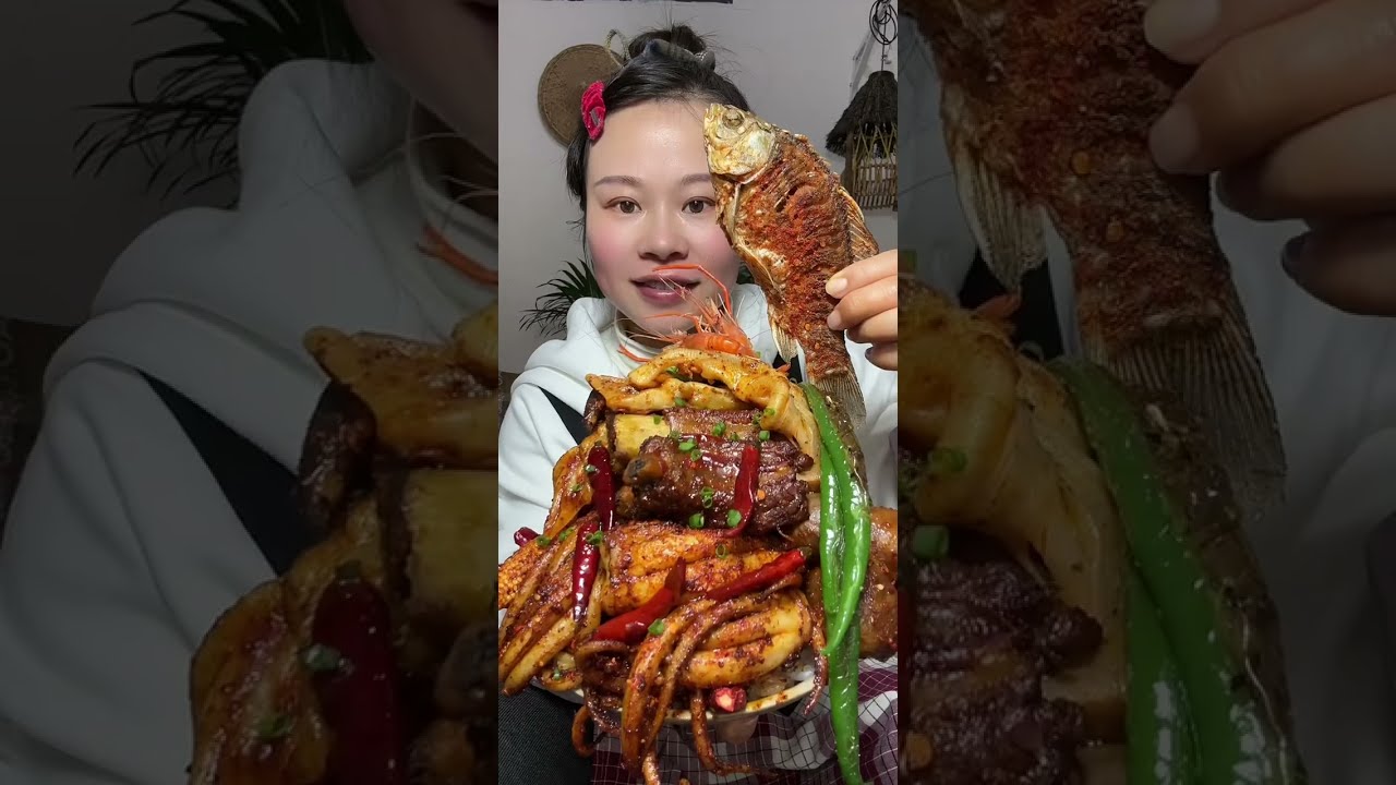 Susu Yummy Spicy Food Mukbang | Eating Spicy Seafood With Fried Fish, Pork Ribs And Green Vegetable 