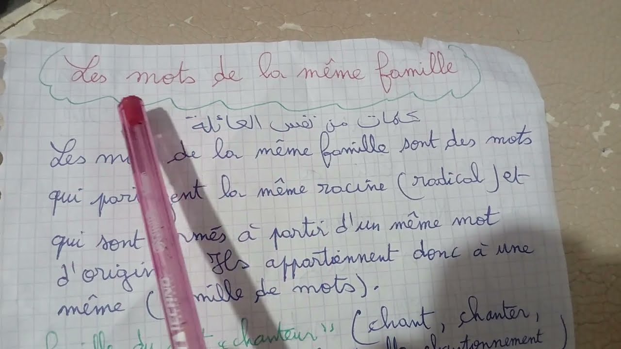 les mots de la même famille شرح درس للسنة ثالثة متوسط الفصل الثاني