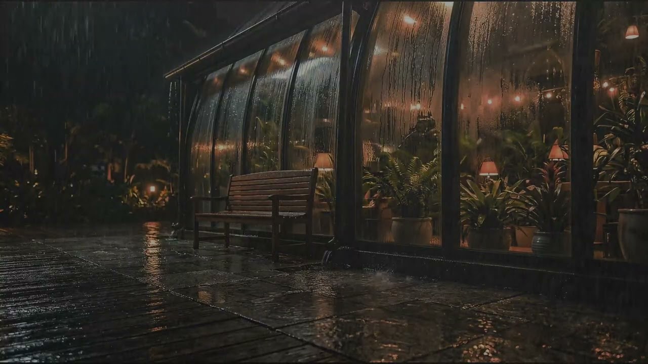 Heavy Rain Therapy — Night Greenhouse Glass Ambience 4K
