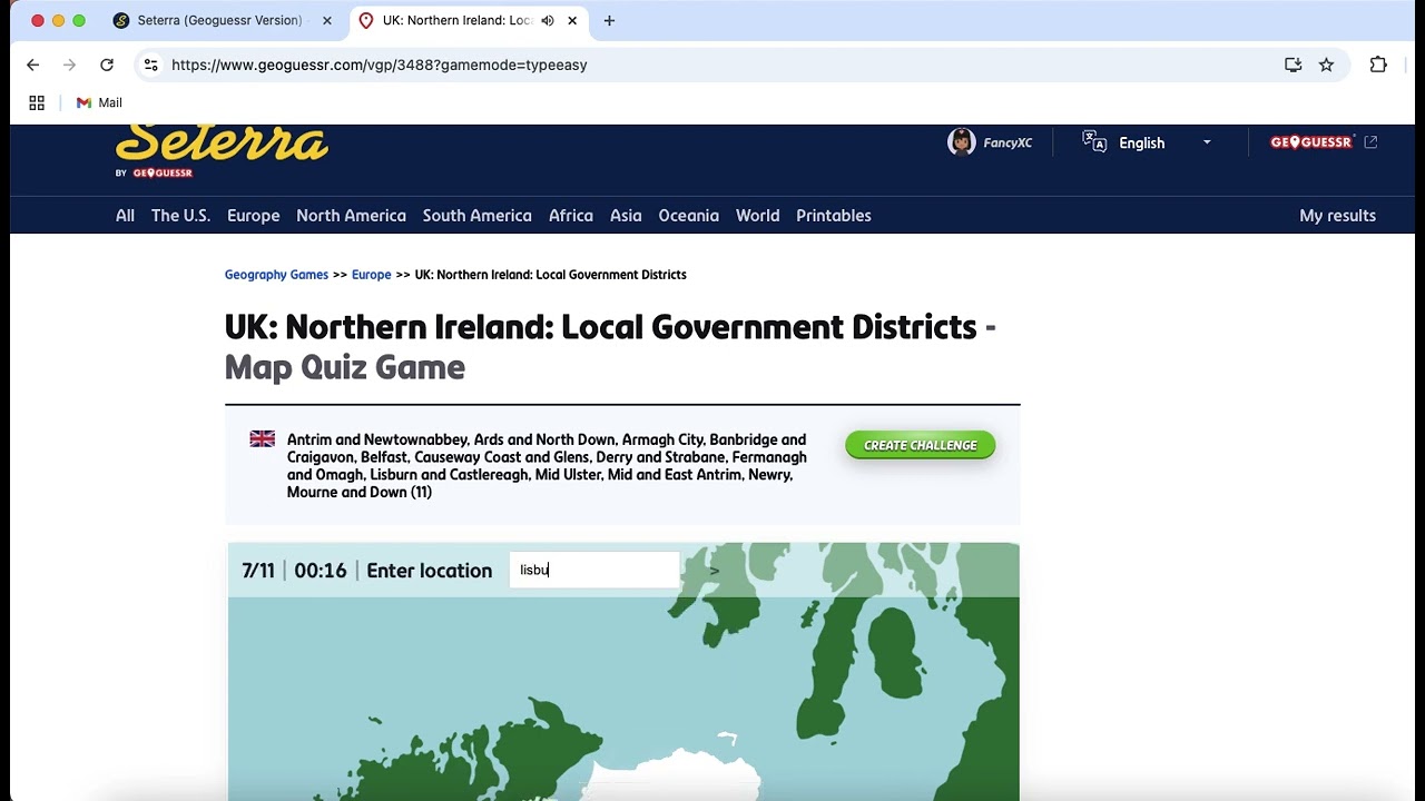 seterra UK northern ireland local government districts type (easy) 24.291