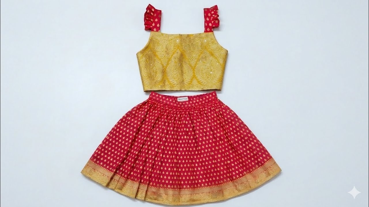 Kids Lehenga Choli Cutting and Stitching for 4 to 5 years old baby frill sleeves making at home 