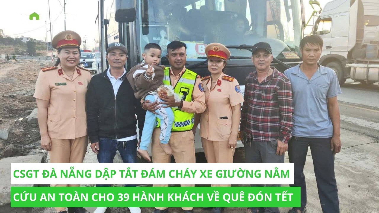 CSGT Đà Nẵng dập tắt đám cháy xe giường nằm, cứu an toàn cho 39 hành khách về quê đón Tết