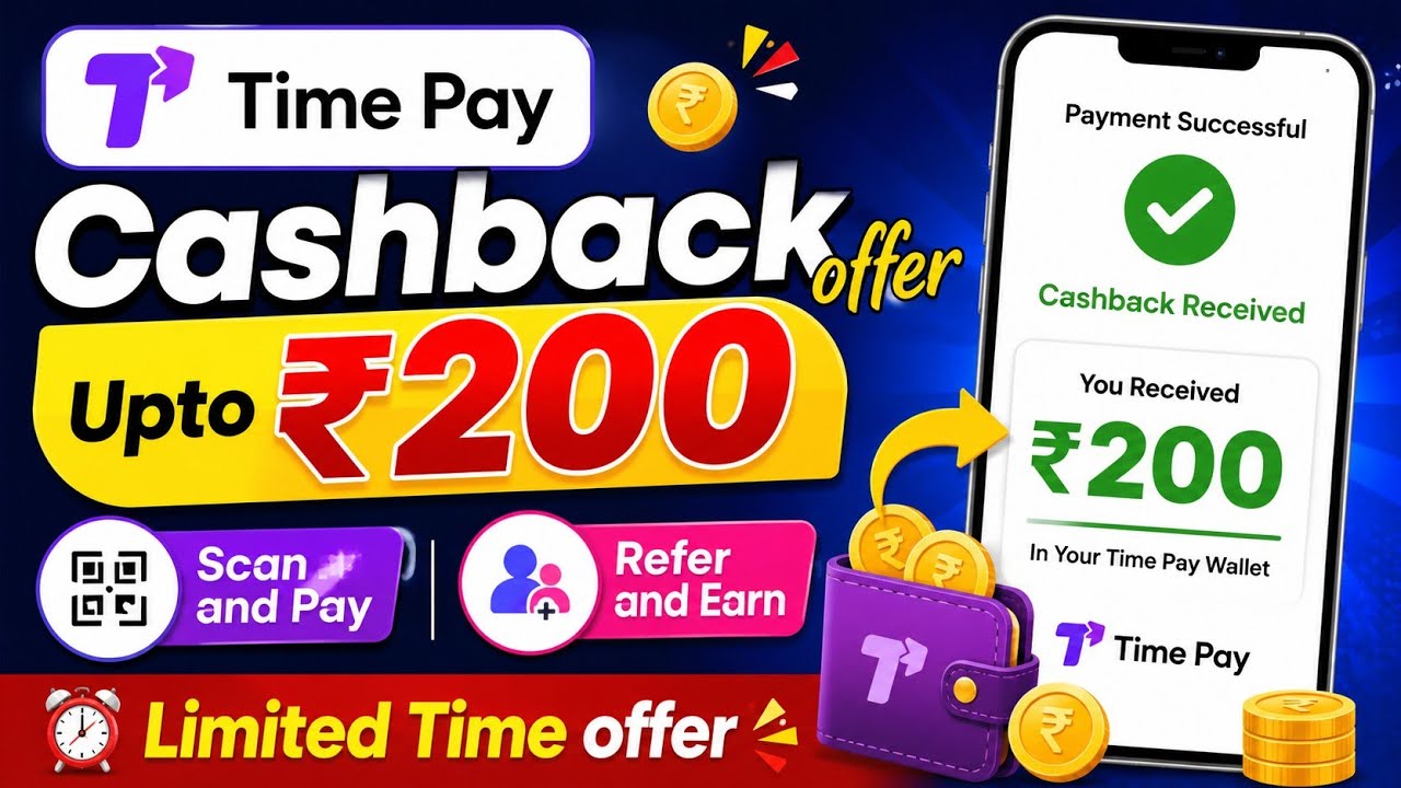 Up to ₹200 Cashback 🔥 Time Pay Upi Cashback on Scan & Pay Daily Payment ✅ Upi Cashback Offer 2026 