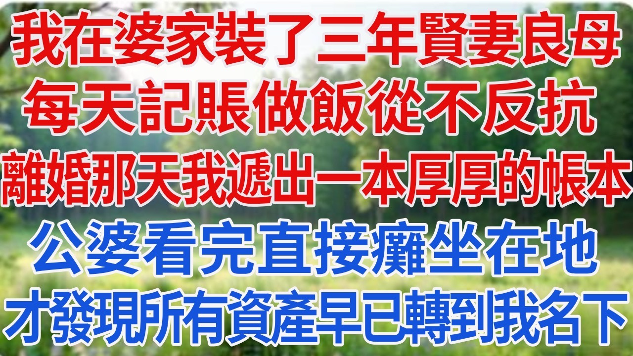我在婆家裝了三年賢妻良母，每天記賬做飯從不反抗，離婚那天我遞出一本厚厚的帳本，公婆看完直接癱坐在地，才發現三年所有資產早已轉到我名下！#情感故事 #婚姻 #故事分享 #家庭