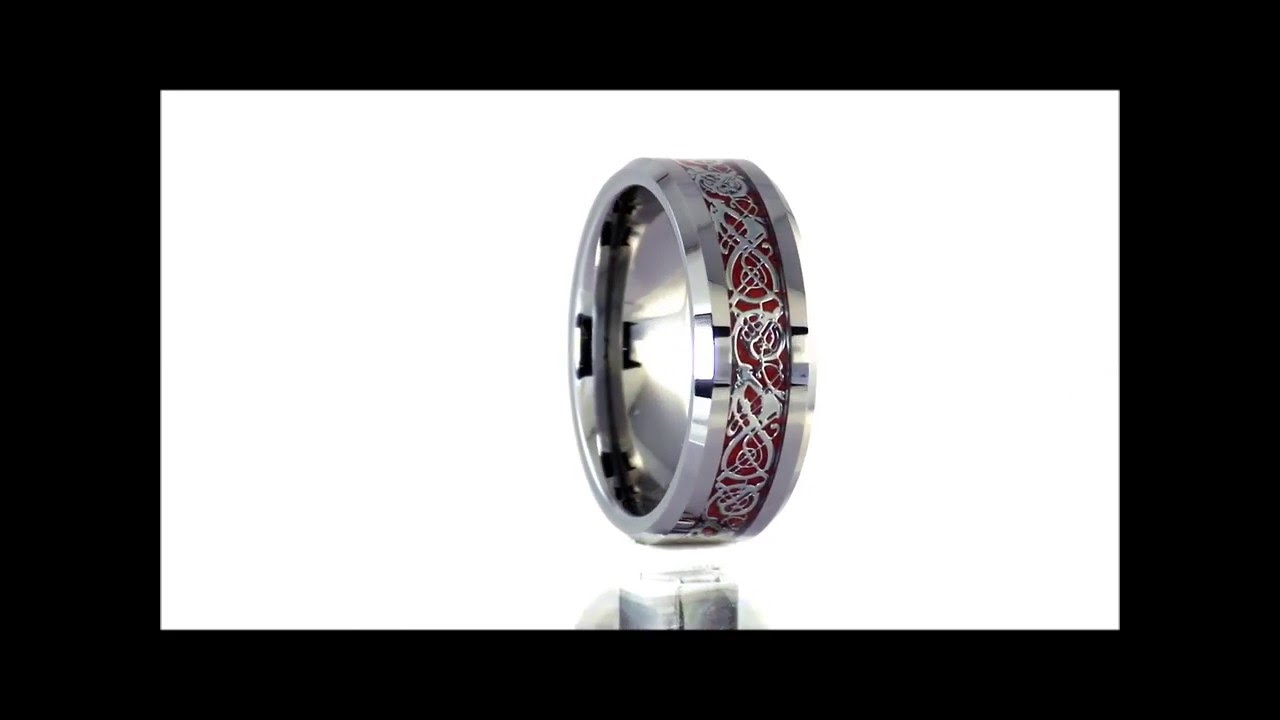 Nordic Viking Celtic Knot Tungsten Dragon Ring w/Red Carbon Fiber by Fantasy Forge Jewelry