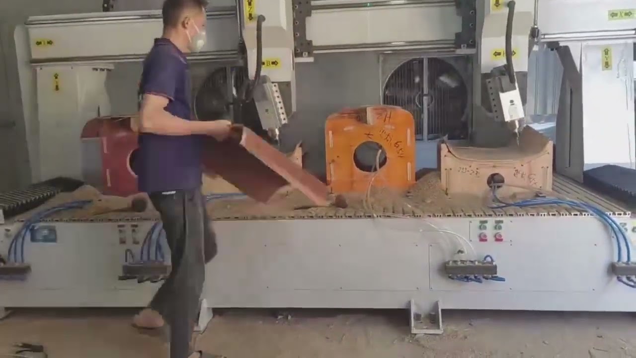 4-Axis CNC Router with Dual Spindles & 4 Workstations for Plywood Furniture Production #cnc