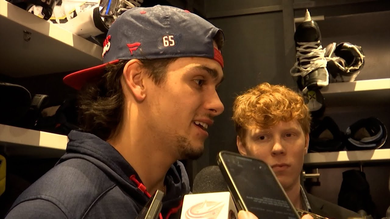 CBJ's Luca Del Bel Belluz reacts after scoring in his NHL debut