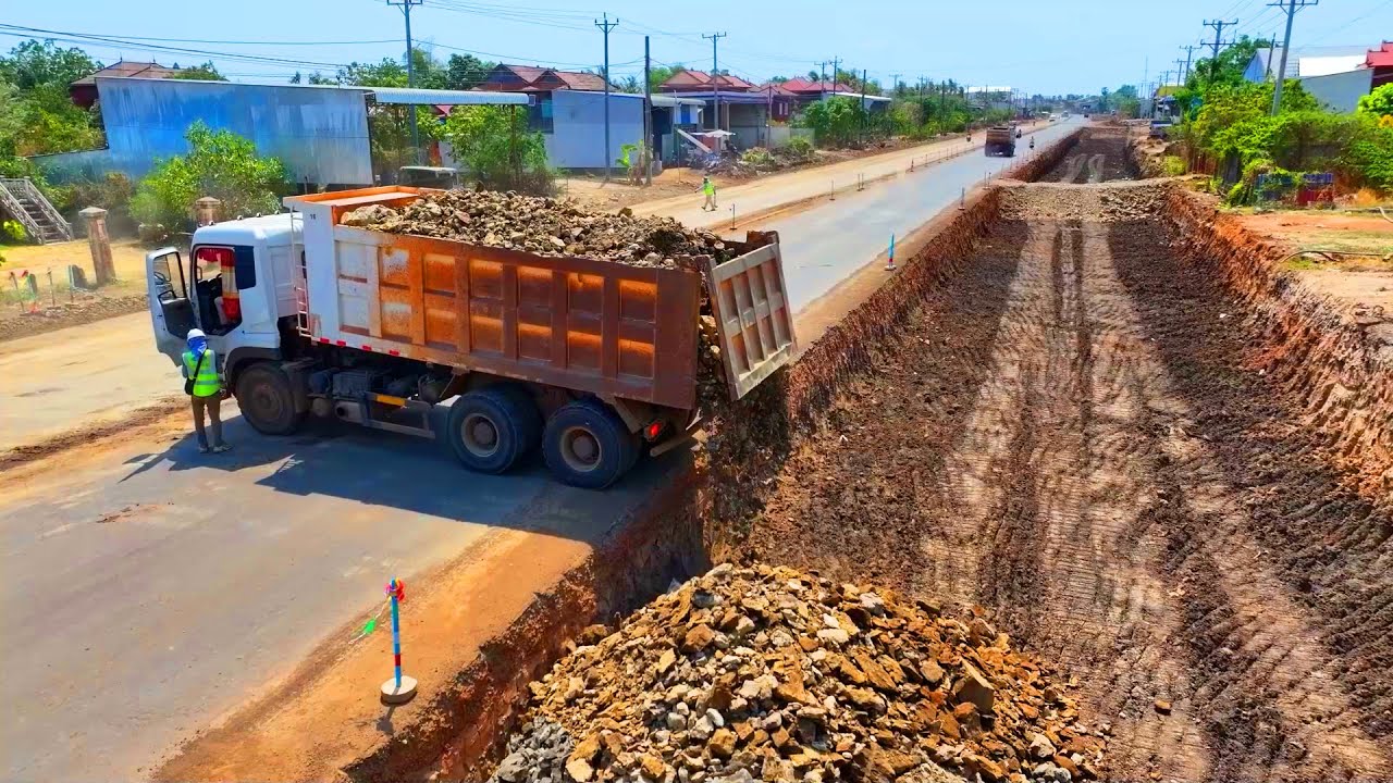 Processing Filling Up Foundation Road construction, Bulldozer SHANTUI, Dump Truck Unloading