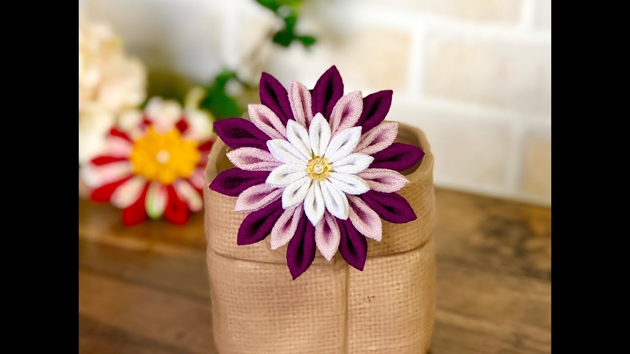 【100均材料だけで つまみ細工】kanzashi flower  fabric flower DIY 成人式 七五三髪飾り作り方