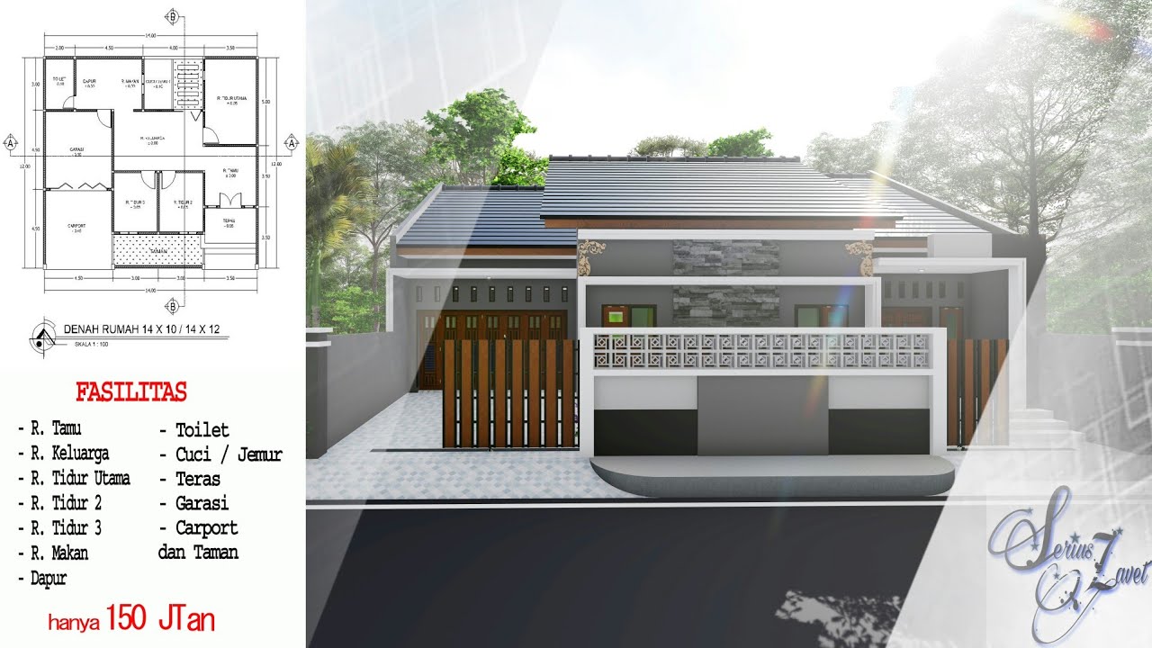 DESAIN RUMAH MINIMALIS MEMANJANG KE SAMPING [14 X 10M] dengan 3 RUANG TIDUR