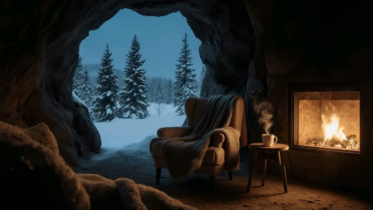 Cozy Winter Cave Retreat ❄️🔥 | 8+ Hours of Wind & Fireplace Sounds (No Music)