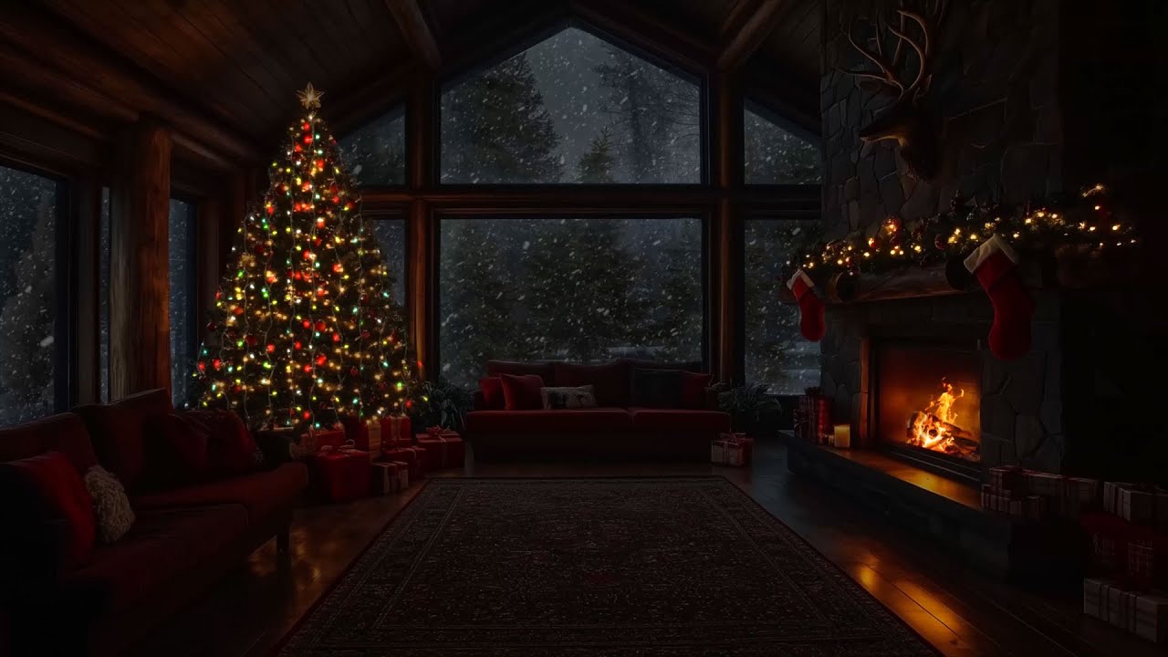 No Ads 🔥 Relaxing Fireplace Ambience with Falling Snow ❄️|  Christmas Ambience