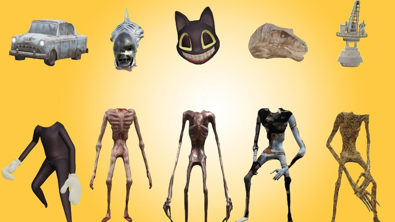WRONG HEADS, CRANE, SIREN HEAD CAR, SIREN HEAD ALIEN, CARTOON CAT HORROR THRILLS, SIREN HEAD TREX