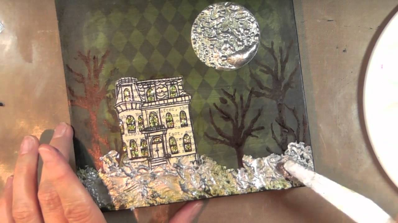 i art: mixed media hallowe'en canvas with Claudine Hellmuth's stamps