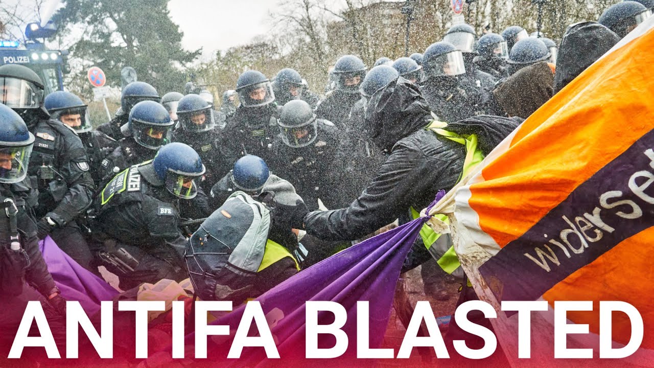 Antifa protesters blasted with water cannons during demonstration of hard-right German party