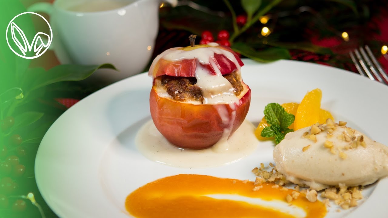 Weihnachtsessen Rezept - Die Nachtisch-GRANATE! Gesunder Bratapfel mit Vanillesoße (vegan, ölfrei)