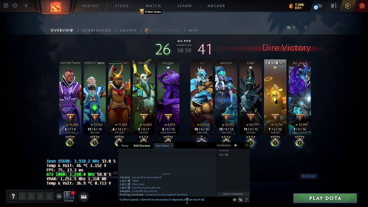 DOTA 2 Gaming on Intel X58 - Xeon x5690 3.9 GHz OC - Nvidia GTX 1080 - Tenser Plays