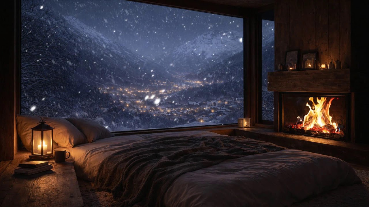 Sleep by the Window  Fireplace Glow & Snowy Alpine Village