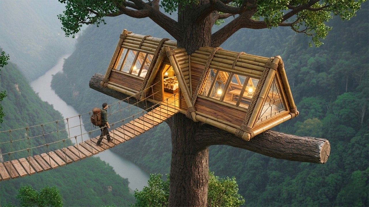 55 Days Building a Dream Bamboo House in the Treetops, Nature Food, Overnight.