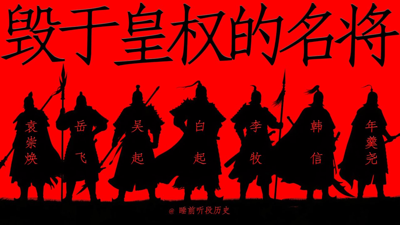 七位被皇权摧毁的顶级名将 ｜ 睡前听《毁于皇权的名将》｜ 看那些曾为帝国续命的顶级战神，是如何在胜利的终点，一头栽进皇权预设好的绞索 ｜ 吴起/白起/李牧/韩信/岳飞/袁崇焕/年羹尧