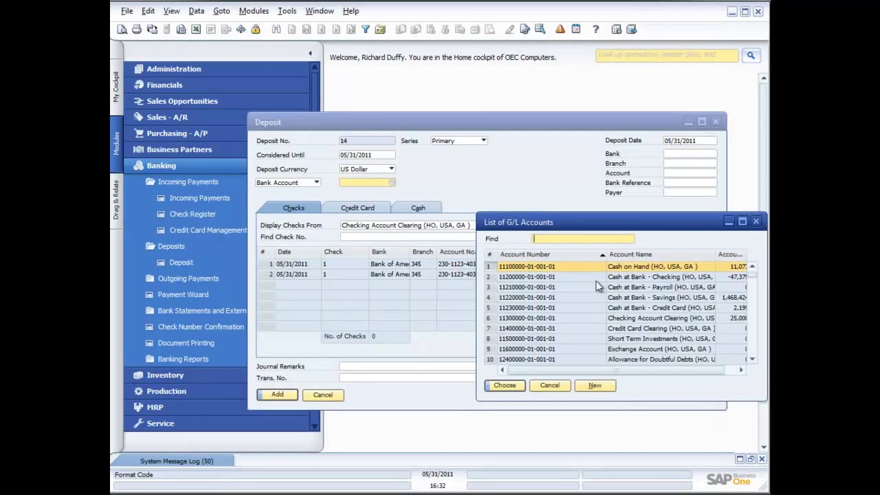 DEMONSTRATION  OF BANKING AND CASH  FUNCTIONALITY IN SAP BUSINESS ONE
