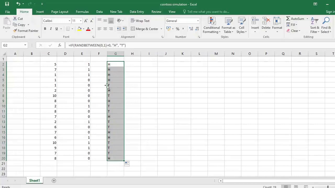 Simulating coin tosses in MS Excel Part 1