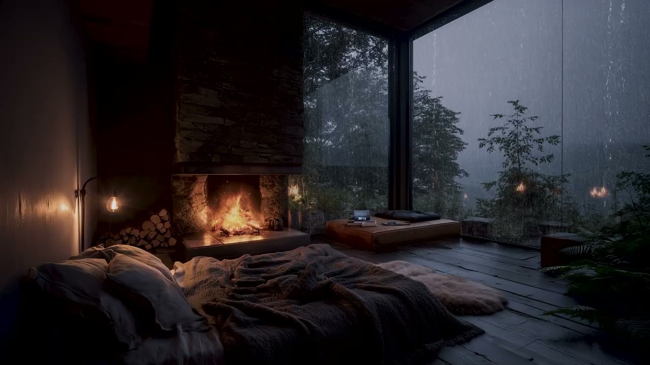 Sleep Instantly with Heavy Rain & Fireplace | Forest Cabin Ambience
