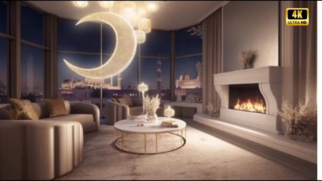 Premium Ramadan Fireplace View 🌙🔥 | سحر رمضان مع مدفأة فاخرة وهلال مضيء وإطلالة ساحرة (4K Ambience)