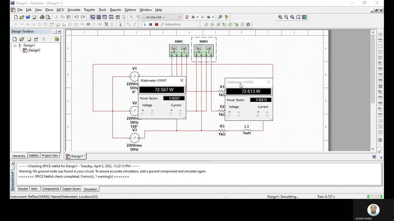 Montage triphasé et mesure par la méthode des deux wattmètres - MULTISIM